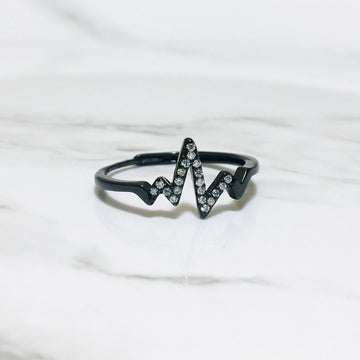 Dainty Moissanite Stacking Ring, Unique Design, Minimalist Fashion Pulse Heartbeat Ring,Black Gold Plated Stackable Silver Band,Gift for Her