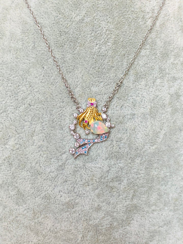 White Opal Mermaid Princess Necklace, Anniversary Engagement Gift for her, Birthday Dream Gift Necklace,Silver Gemstone Unique Necklace Gift