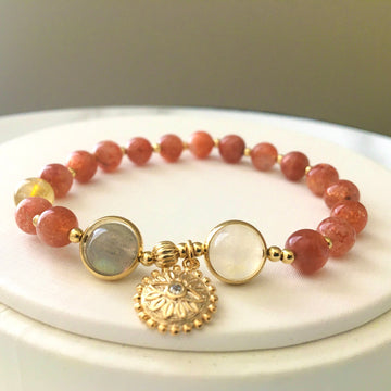 Natural Orange Golden Sunstone Grey Blue Moonstone Citrine Bracelet Original Designed Sun Evil Eye Reiki High-Quality Crystal Gift for Her