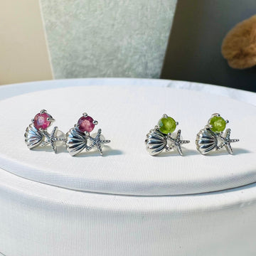 Platinum Plated Tourmaline Shell Starfish Earrings,Seaside Party,Anniversary Engagement,Crystal Earrings,Gift for her,Wedding Pendant