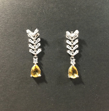 Platinum-Plated Silver Citrine Water Drop Earrings with Zircon Leaf Design - Luxury Gemstone Jewelry for Gifts & Special Occasions