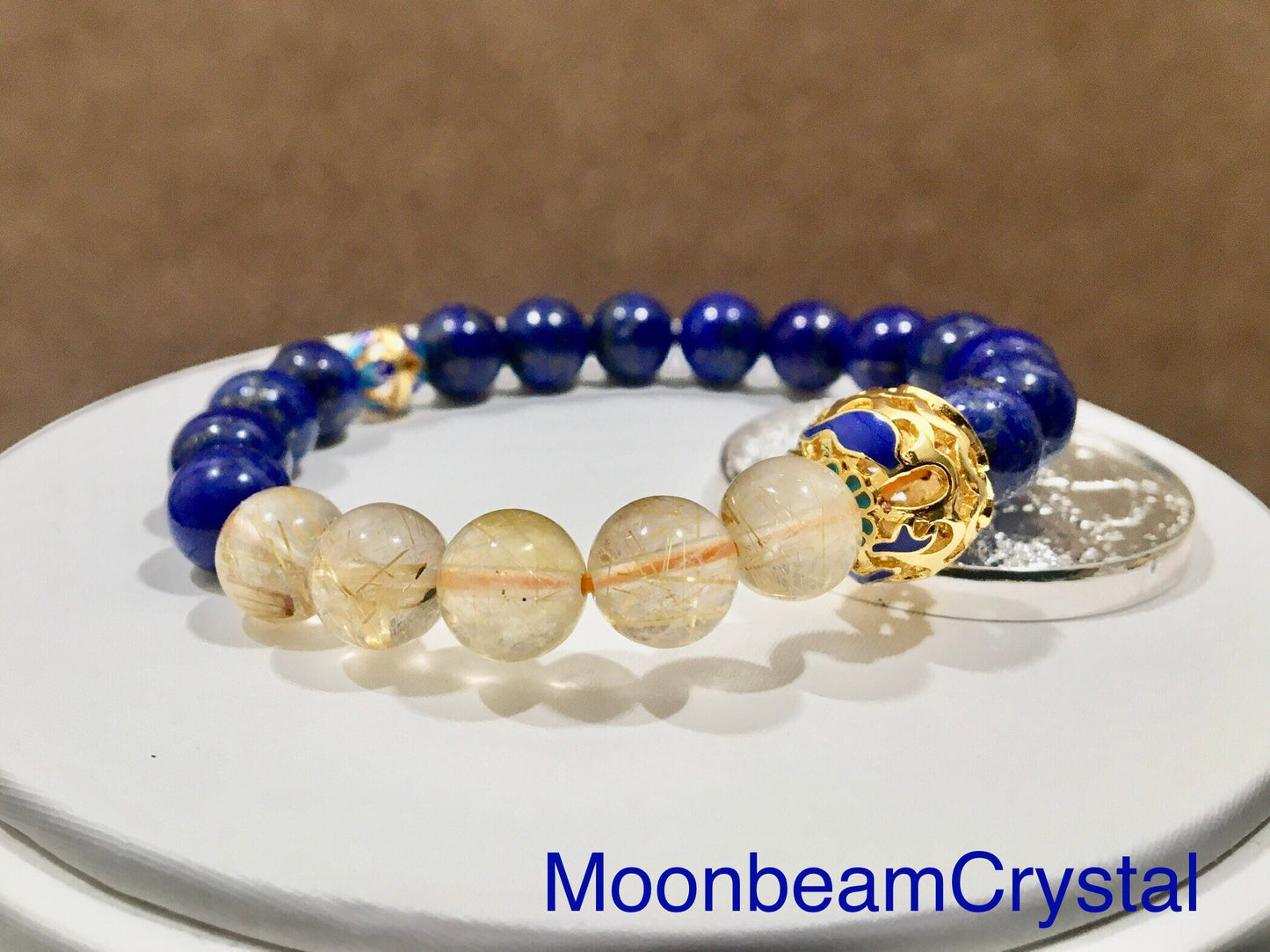 Blue Lapis Lazuli Lazurit/ Golden Rutilated Quartz Crystal Bracelet, Gift for Her, Birthday Gift, Healing Crystals, Enamel, Valentine's Day