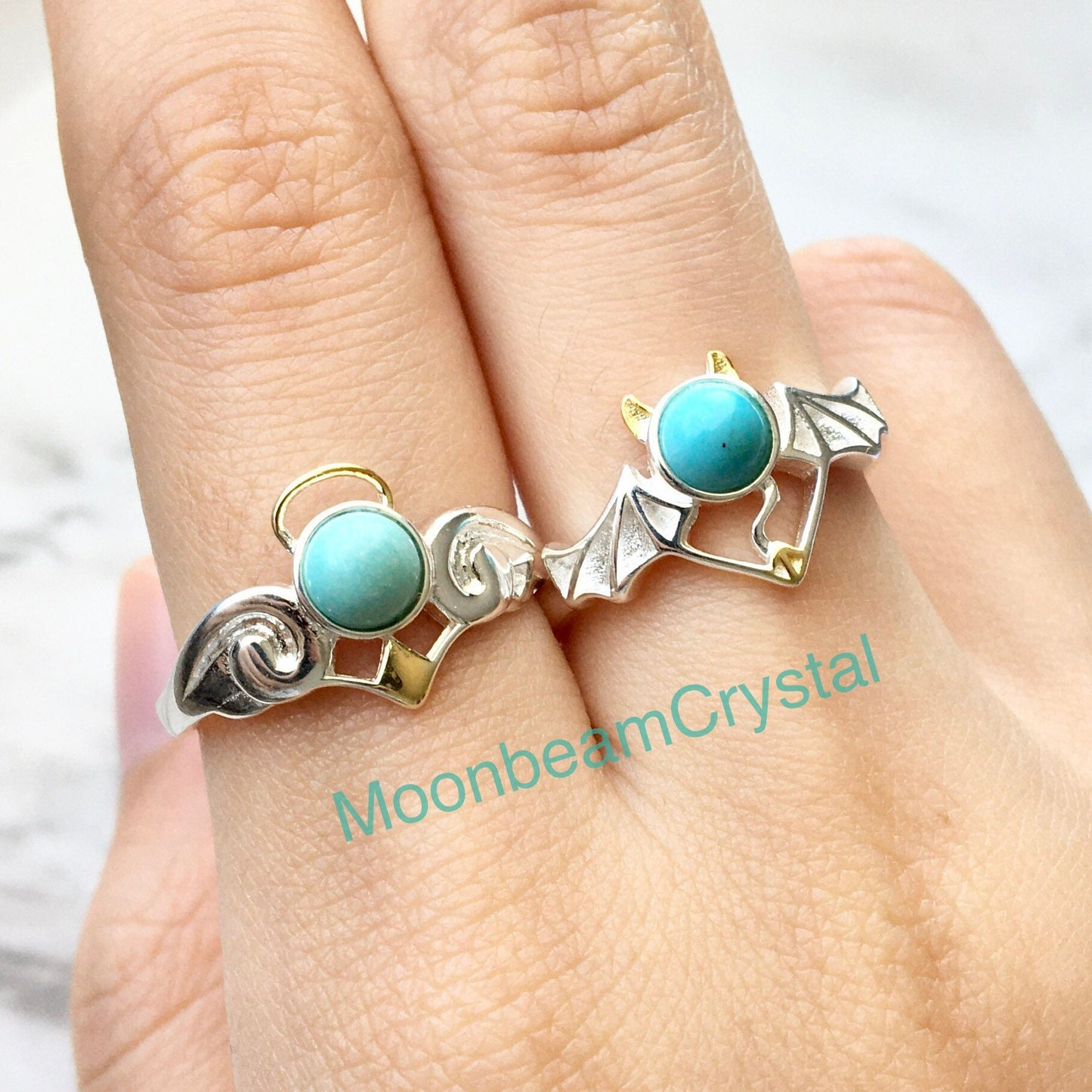 Turquoise Angel Ring,Little Cute Evil Angel,Calaite Kallaite, Gemstone Rings, Halloween,Gift for Her,Sterling Silver Ring Gold,Cute Cartoon