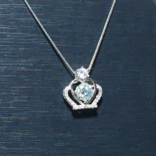 Light Blue Moissanite Necklace,Aquamarine Blue,1ct Moissanite,Princess Crown Pendant,Solitaire Anniversary Necklace, Gift for Her,