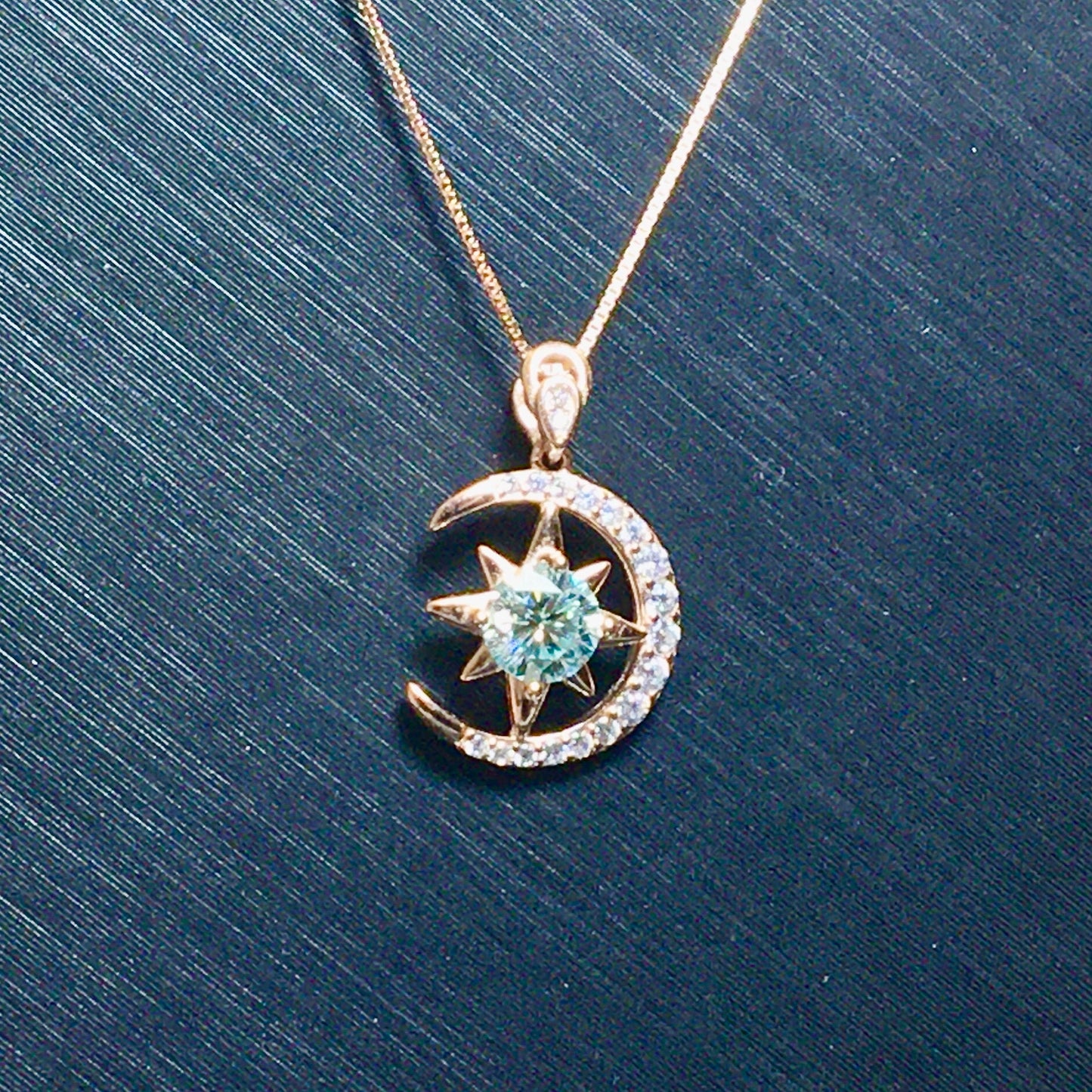 Paraiba Blue Moissanite Necklace, Moon Star Aquamarine,1ct Moissanite Moon & Star Pendant, Anniversary Necklace,Gift for Her,Mother's Day