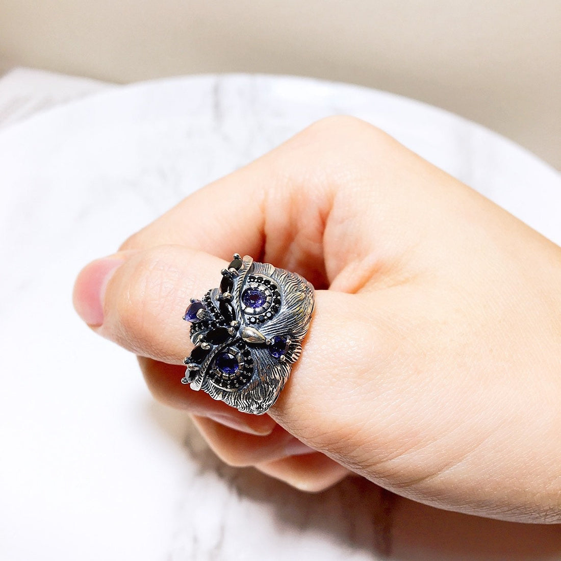 Gemstone Owl Sterling Silver Ring,Vintage Cute Smart Animal Owl Ring,Purple Blue Cordierite,Tanzanite Ring,Blue Moonstone,Reiki,Gift for Mom