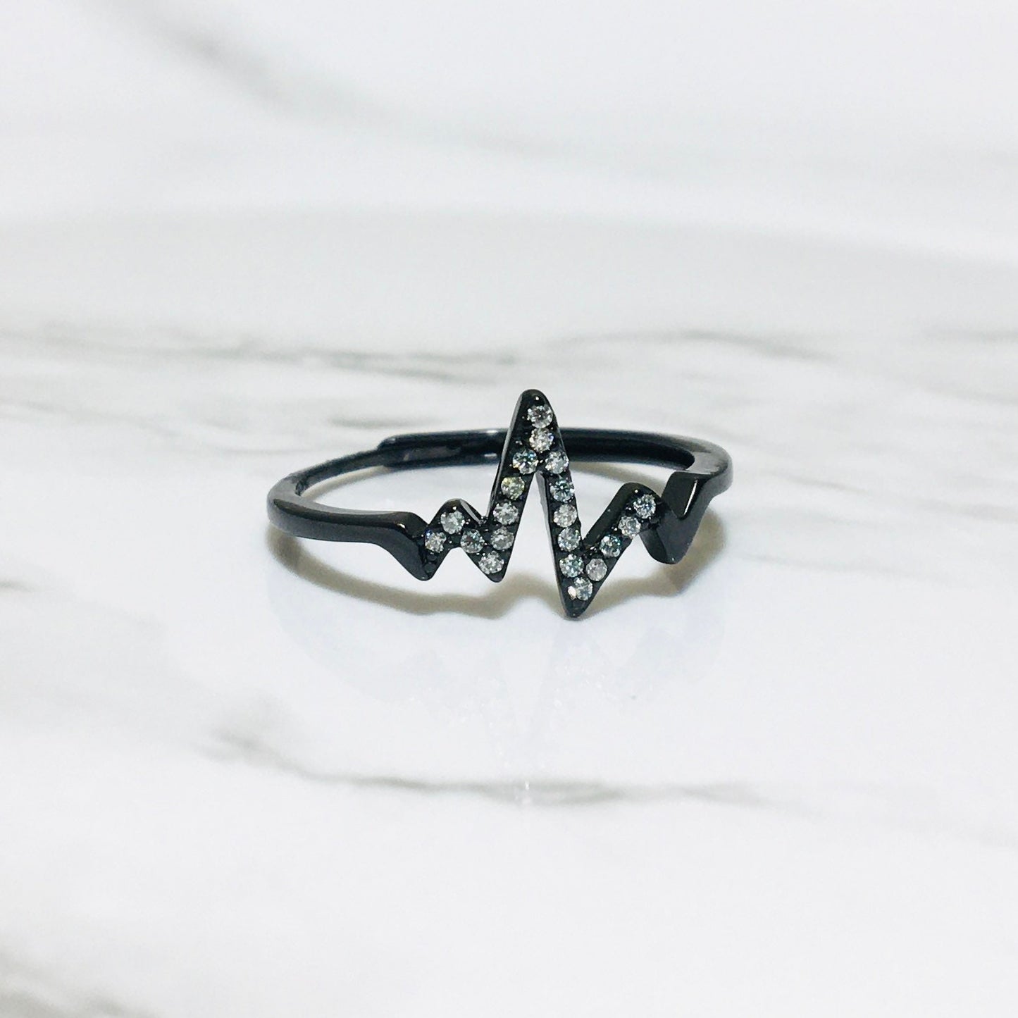 Dainty Moissanite Stacking Ring, Unique Design, Minimalist Fashion Pulse Heartbeat Ring,Black Gold Plated Stackable Silver Band,Gift for Her