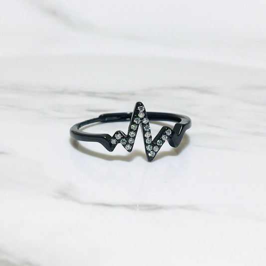 Dainty Moissanite Stacking Ring, Unique Design, Minimalist Fashion Pulse Heartbeat Ring,Black Gold Plated Stackable Silver Band,Gift for Her