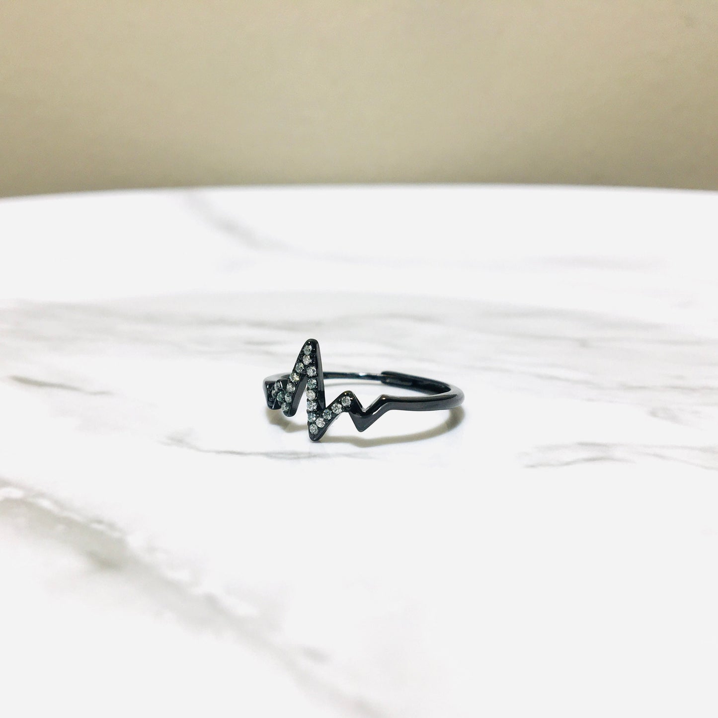 Dainty Moissanite Stacking Ring, Unique Design, Minimalist Fashion Pulse Heartbeat Ring,Black Gold Plated Stackable Silver Band,Gift for Her