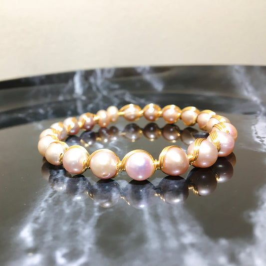 Pink Purple champagne Pearl, Sterling Copper Bracelet Bangle, Freshwater Natural Pearl Bracelet, Unique Anniversary Bracelet, Gifts for Her