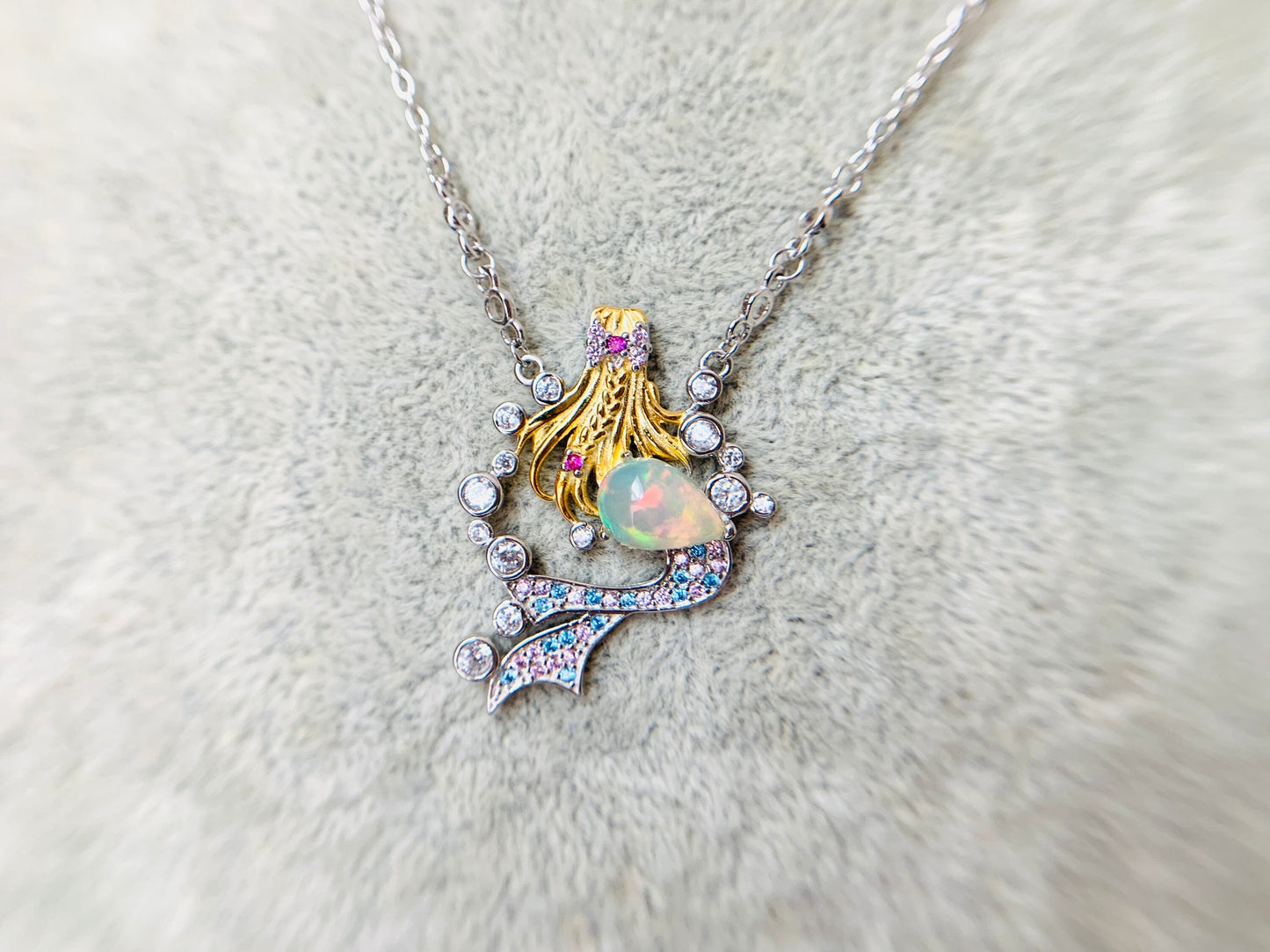 White Opal Mermaid Princess Necklace, Anniversary Engagement Gift for her, Birthday Dream Gift Necklace,Silver Gemstone Unique Necklace Gift