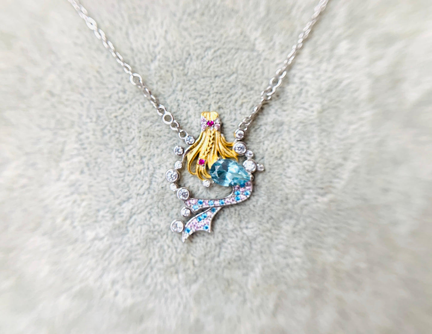 Sky Blue Topaz Mermaid Princess Necklace, Anniversary Engagement Gift for her, Birthday Dream Gift Necklace, Silver Gemstone Unique Necklace