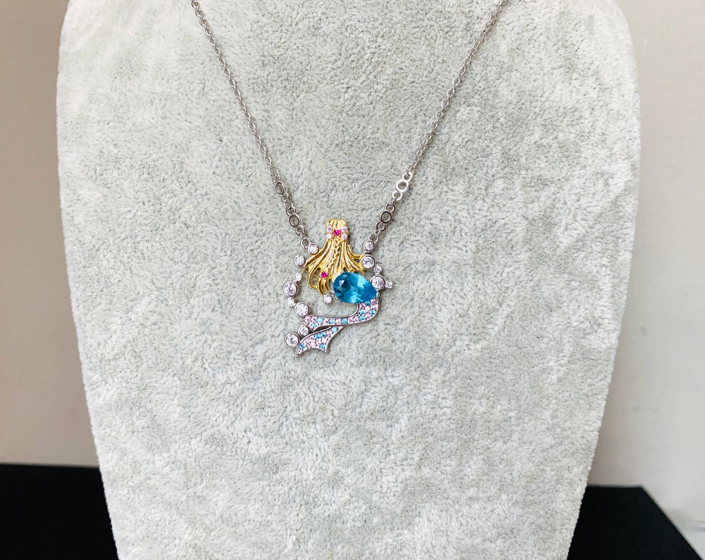 Swiss Blue Topaz Mermaid Princess Necklace,Anniversary Engagement Gift for her, Birthday Dream Gift Necklace,Silver Gemstone Unique Necklace