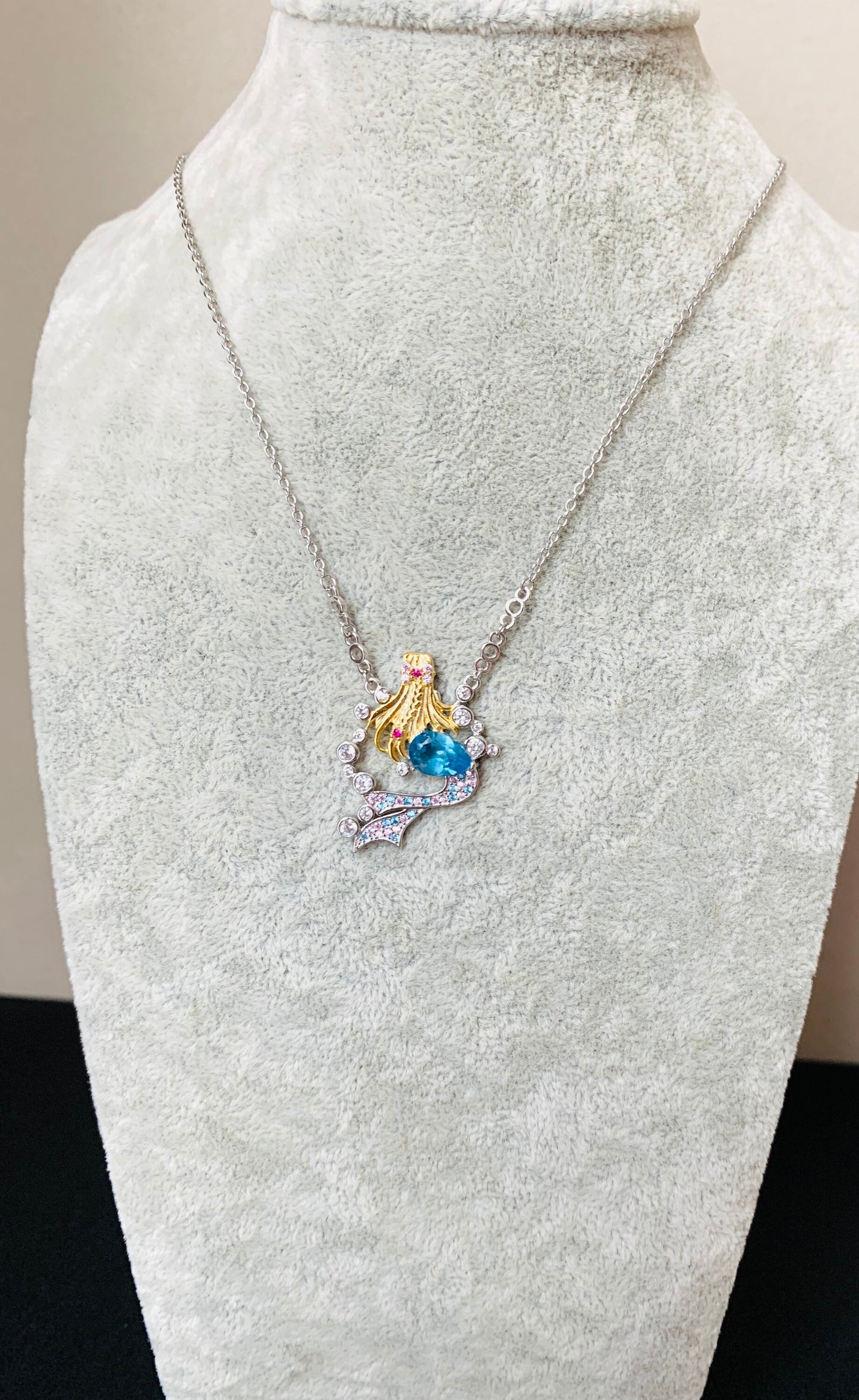 Swiss Blue Topaz Mermaid Princess Necklace,Anniversary Engagement Gift for her, Birthday Dream Gift Necklace,Silver Gemstone Unique Necklace