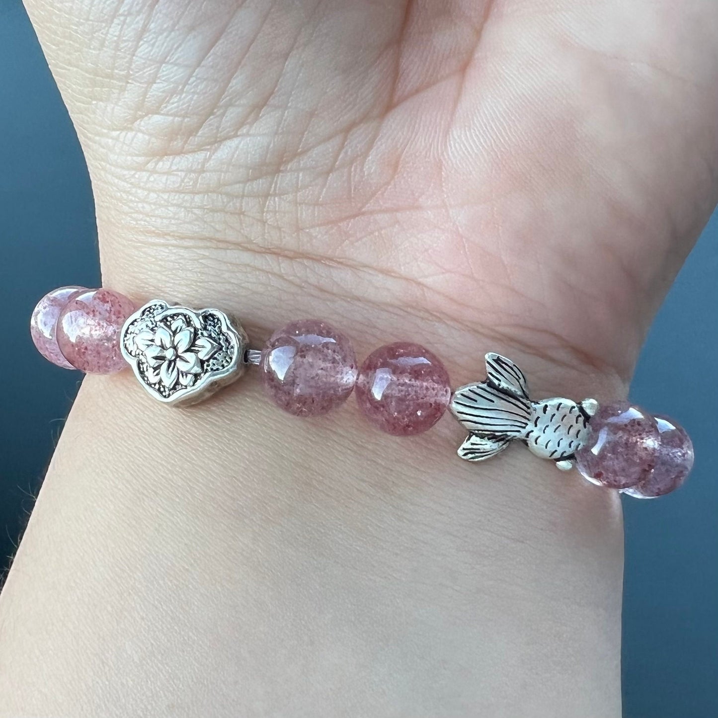 Pink Strawberry Quartz Crystal Bracelet,Goldfish Animal Lotuses Flower Bracelet,Reiki Lucky Bracelet,Birthday Gift for Her, Graduation Gift