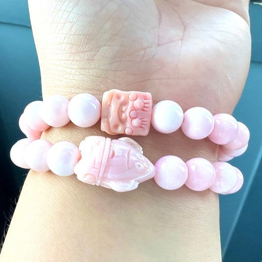 Natural Pink Queen Shell Conch Bracelet, Lovely Patrick Star SpongeBob SquarePants, Agate Flower, Cartoon, Gift for Her, Birthday, Teacher,