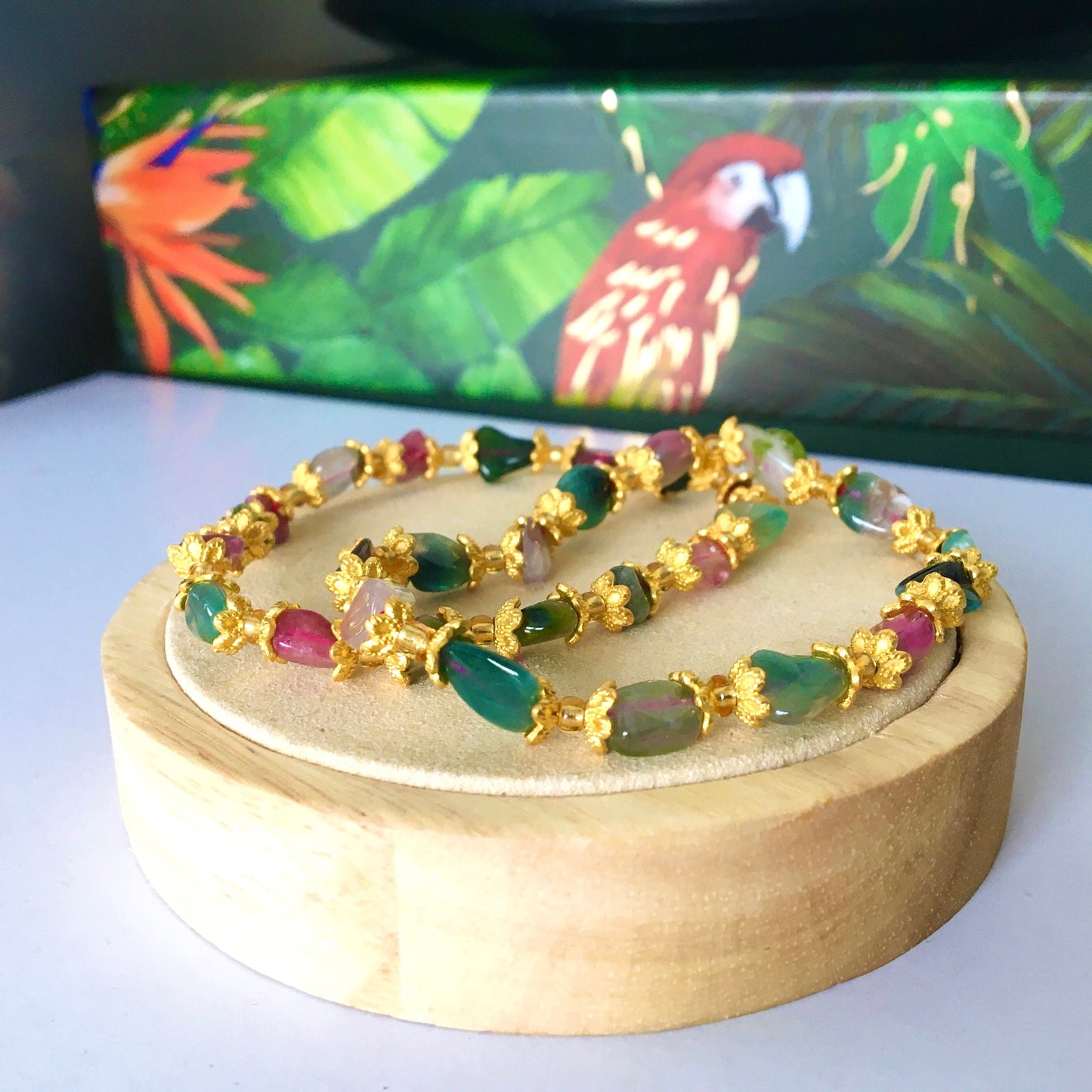 Multicolored Tourmaline Bracelet,Golden,Flower,Watermelon Tourmaline,Handmade,,Natural Gemstones,Crystal,October lucky stone,Birthday Gift