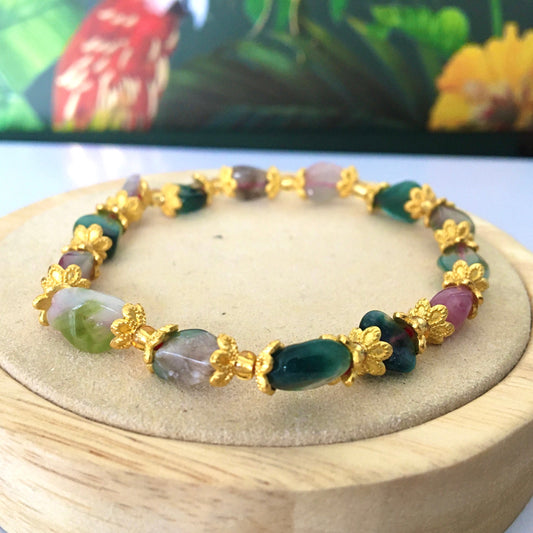 Multicolored Tourmaline Bracelet,Golden,Flower,Watermelon Tourmaline,Handmade,,Natural Gemstones,Crystal,October lucky stone,Birthday Gift