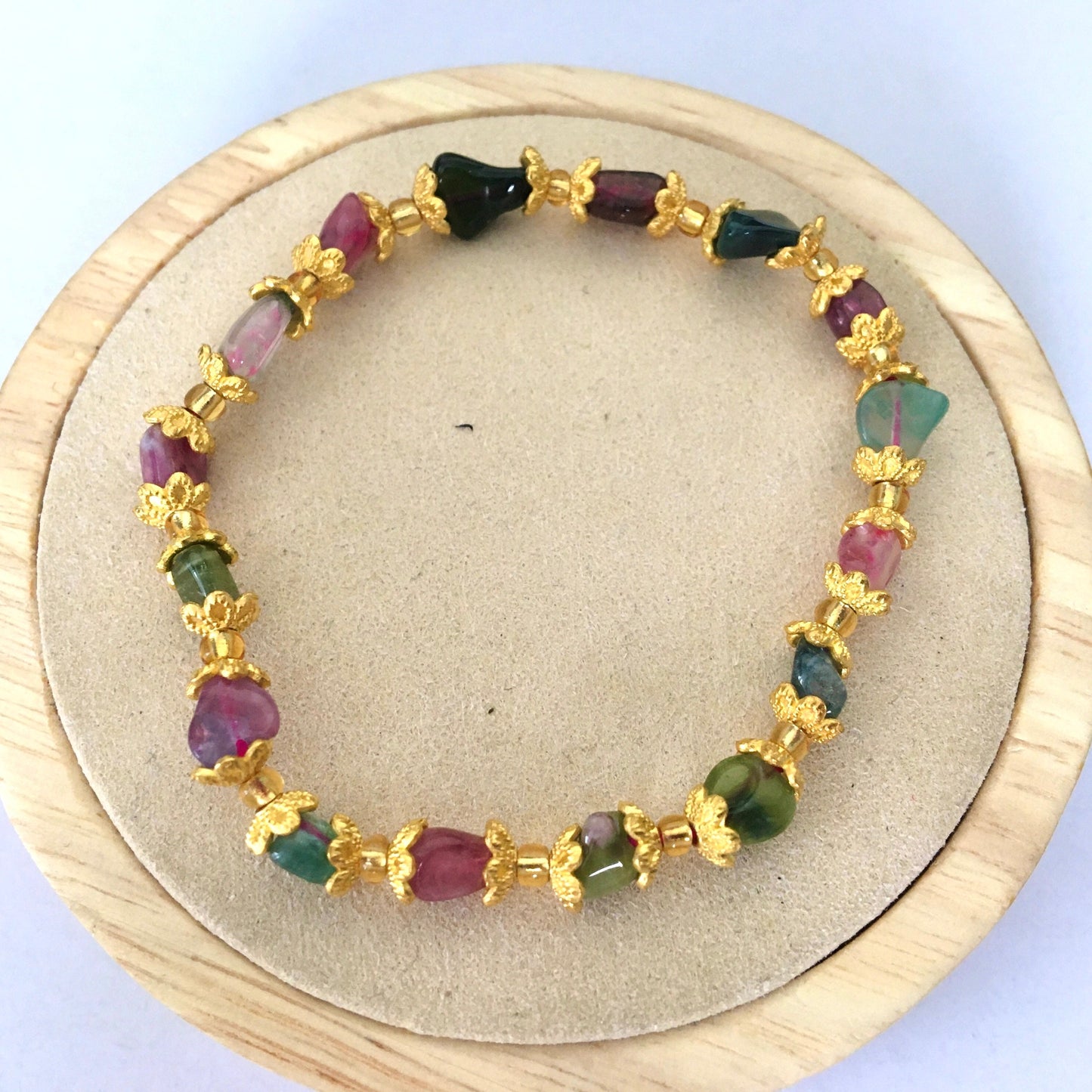 Multicolored Tourmaline Bracelet,Golden,Flower,Watermelon Tourmaline,Handmade,,Natural Gemstones,Crystal,October lucky stone,Birthday Gift