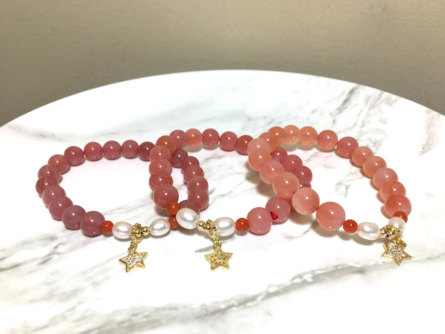 Pink Peach Agate Peal Star, Lovely Bracelet, Natural Gemstone Crystal Bracelet, SouthRedAgate, Gift for Her, Original Design, Lucky Bracelet