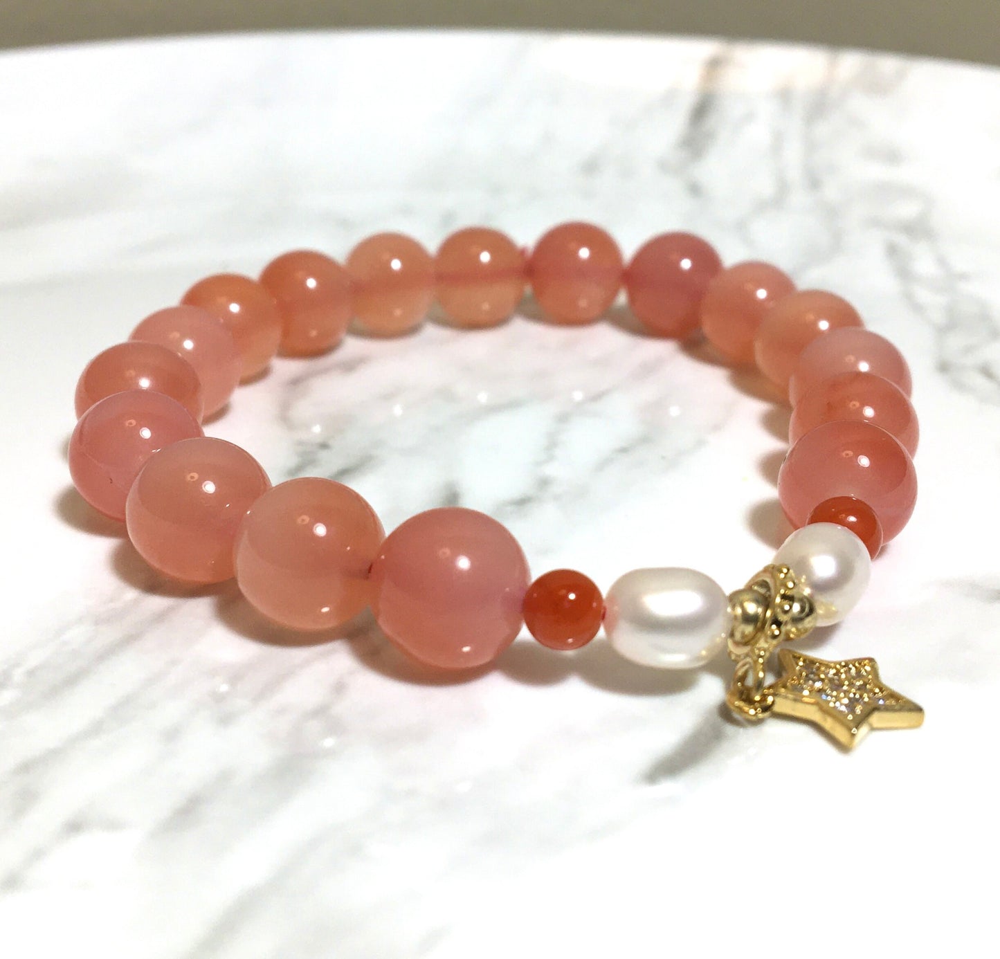 Pink Peach Agate Peal Star, Lovely Bracelet, Natural Gemstone Crystal Bracelet, SouthRedAgate, Gift for Her, Original Design, Lucky Bracelet