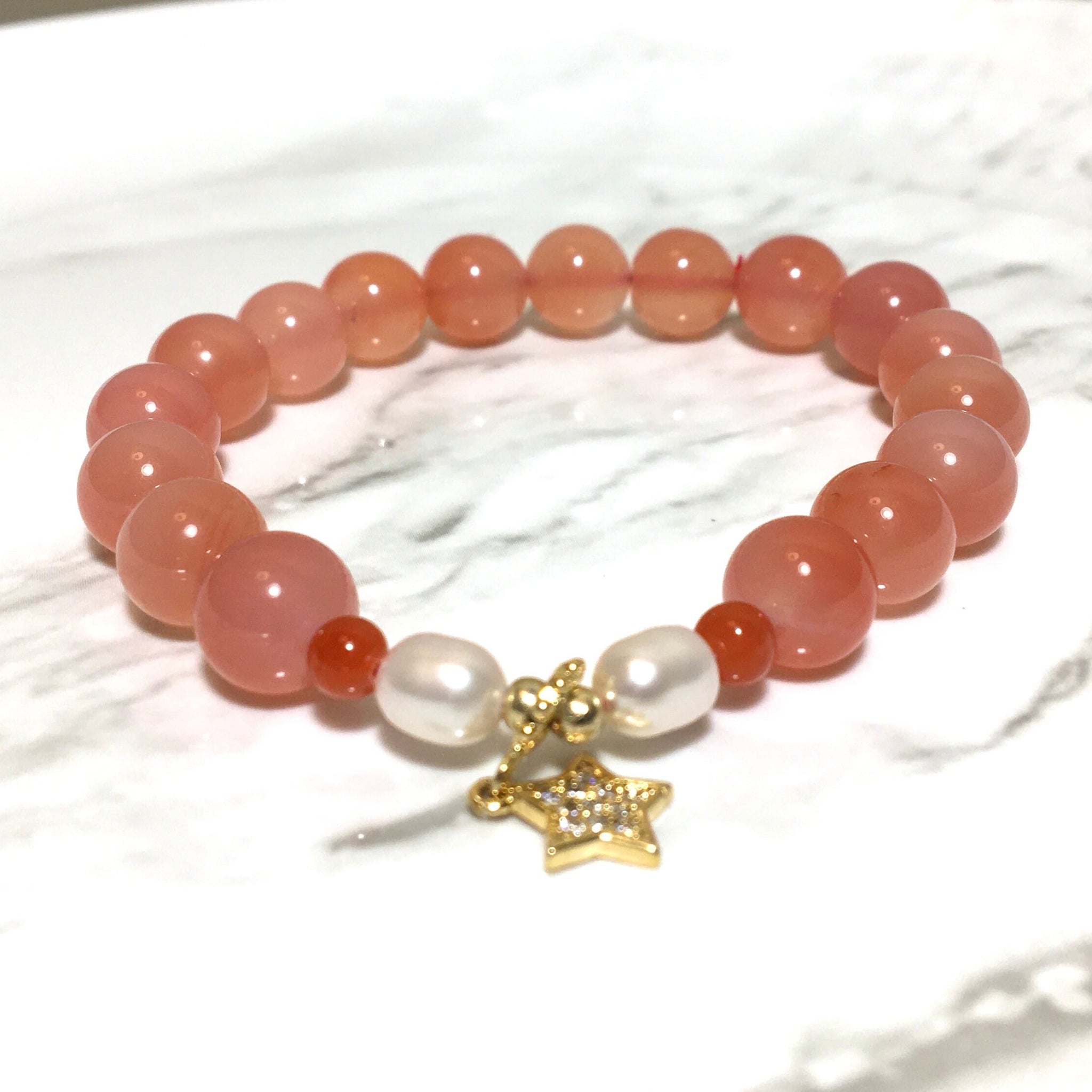 Pink Peach Agate Peal Star, Lovely Bracelet, Natural Gemstone Crystal Bracelet, SouthRedAgate, Gift for Her, Original Design, Lucky Bracelet