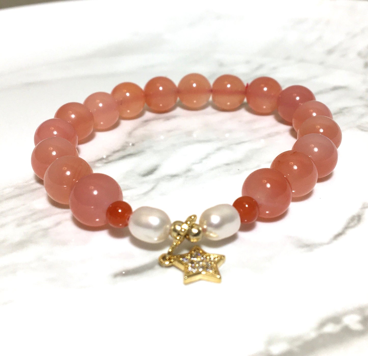 Pink Peach Agate Peal Star, Lovely Bracelet, Natural Gemstone Crystal Bracelet, SouthRedAgate, Gift for Her, Original Design, Lucky Bracelet