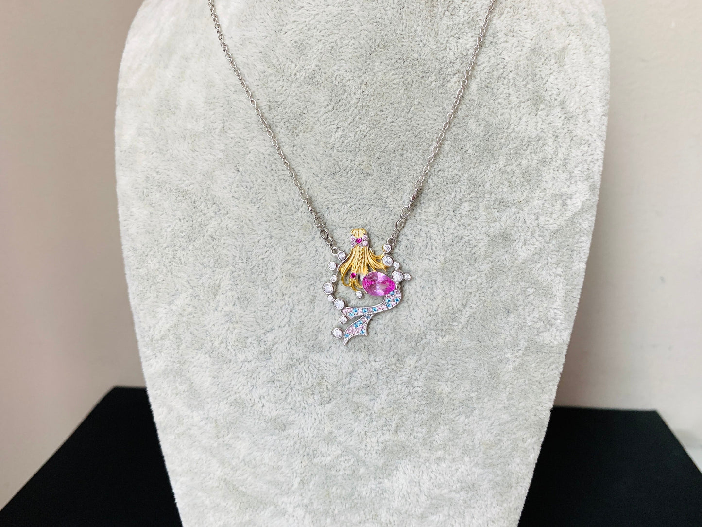 Pink Topaz Mermaid Princess Necklace, Anniversary Engagement Gift for her, Birthday Dream Gift Necklace,Silver Gemstone Unique Necklace Gift