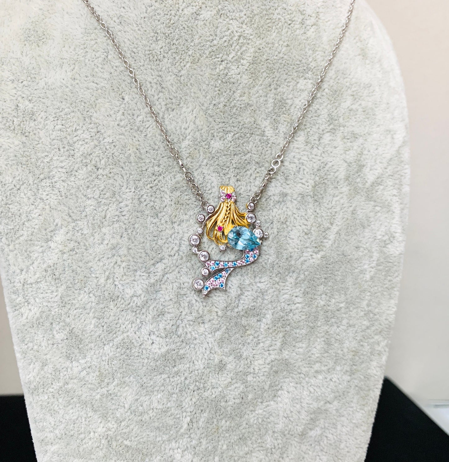 Sky Blue Topaz Mermaid Princess Necklace, Anniversary Engagement Gift for her, Birthday Dream Gift Necklace, Silver Gemstone Unique Necklace