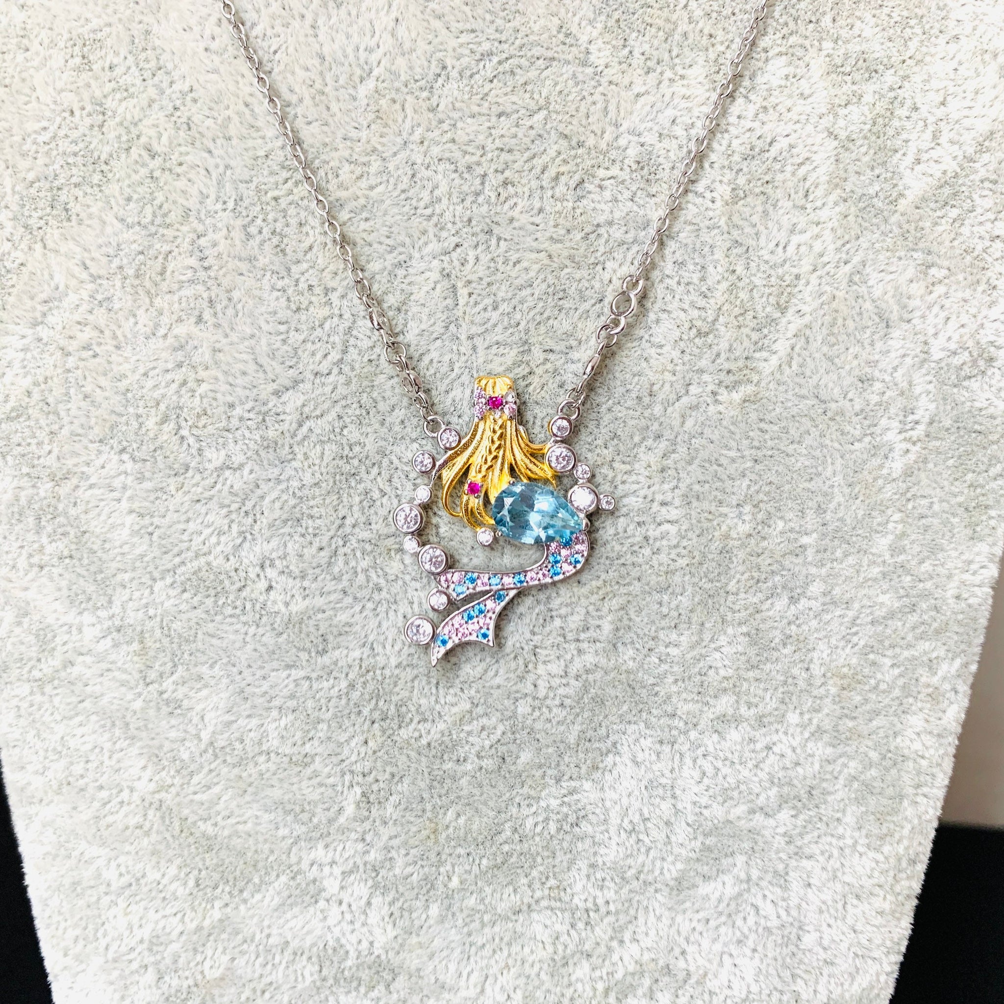 Sky Blue Topaz Mermaid Princess Necklace, Anniversary Engagement Gift for her, Birthday Dream Gift Necklace, Silver Gemstone Unique Necklace