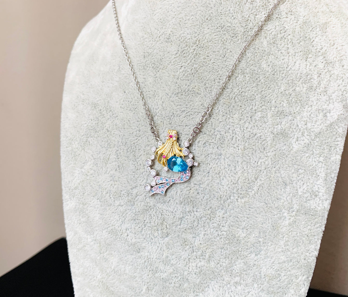 Swiss Blue Topaz Mermaid Princess Necklace,Anniversary Engagement Gift for her, Birthday Dream Gift Necklace,Silver Gemstone Unique Necklace