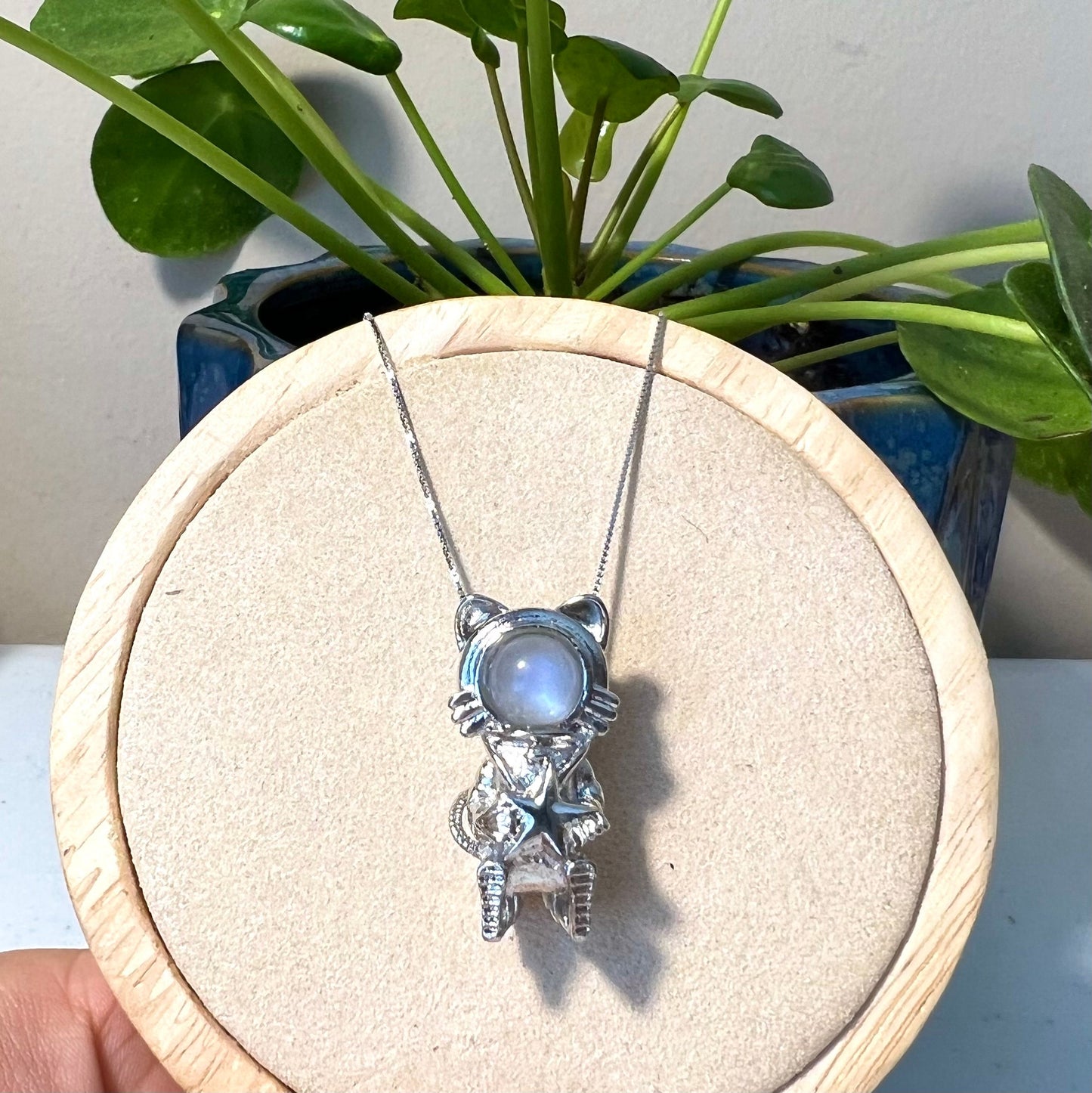 Blue Moonstone, Natural Crystal Gemstone Necklace,Gift for Her,Birthday,Silver Plated Copper,Space Cat Charm,Animal Theme Charm,Anniversary