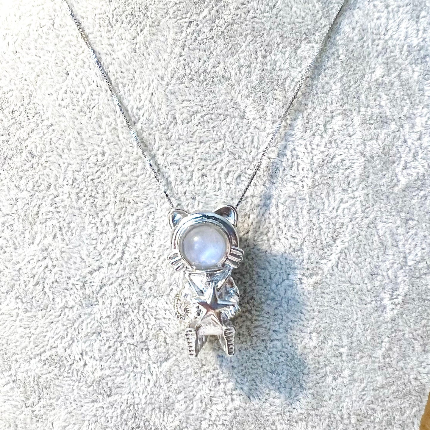 Blue Moonstone, Natural Crystal Gemstone Necklace,Gift for Her,Birthday,Silver Plated Copper,Space Cat Charm,Animal Theme Charm,Anniversary