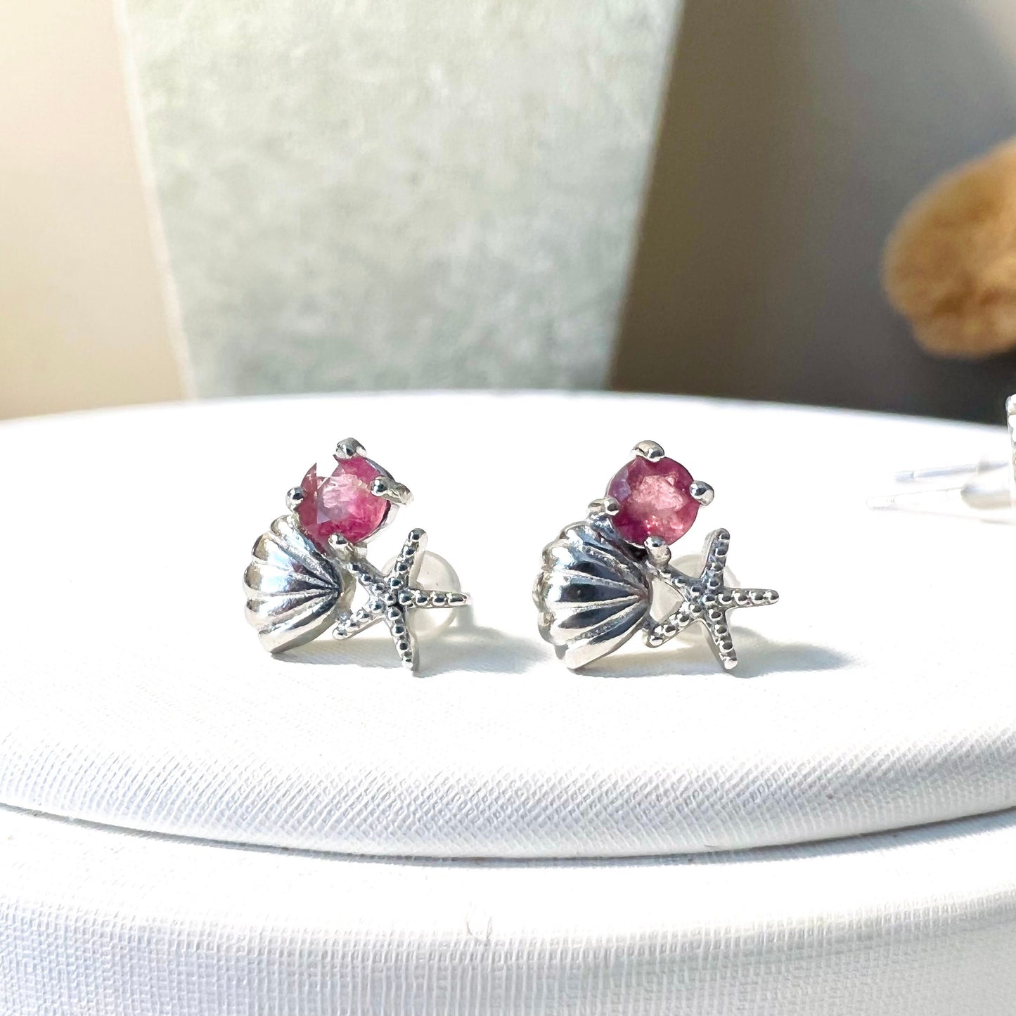 Platinum Plated Tourmaline Shell Starfish  Earrings,Seaside Party,Anniversary Engagement,Crystal Earrings,Gift for her,Wedding Pendant