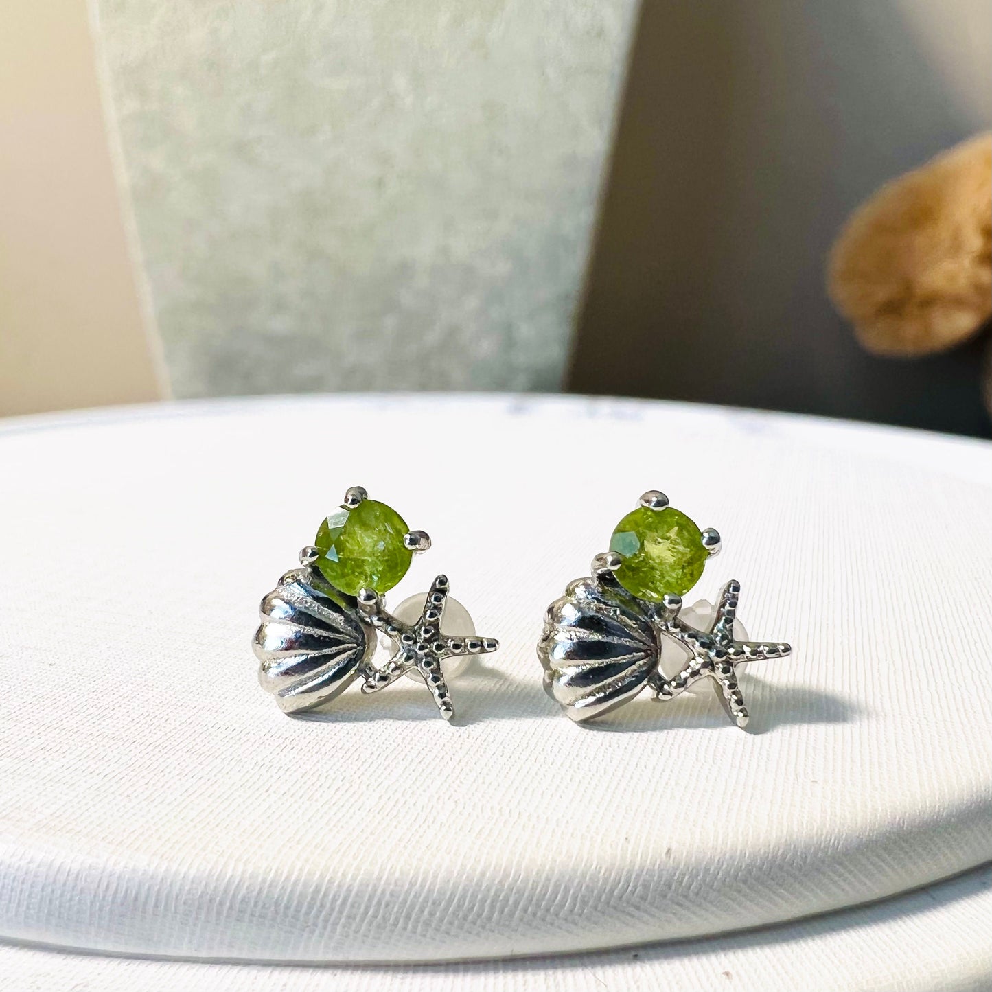 Platinum Plated Tourmaline Shell Starfish  Earrings,Seaside Party,Anniversary Engagement,Crystal Earrings,Gift for her,Wedding Pendant