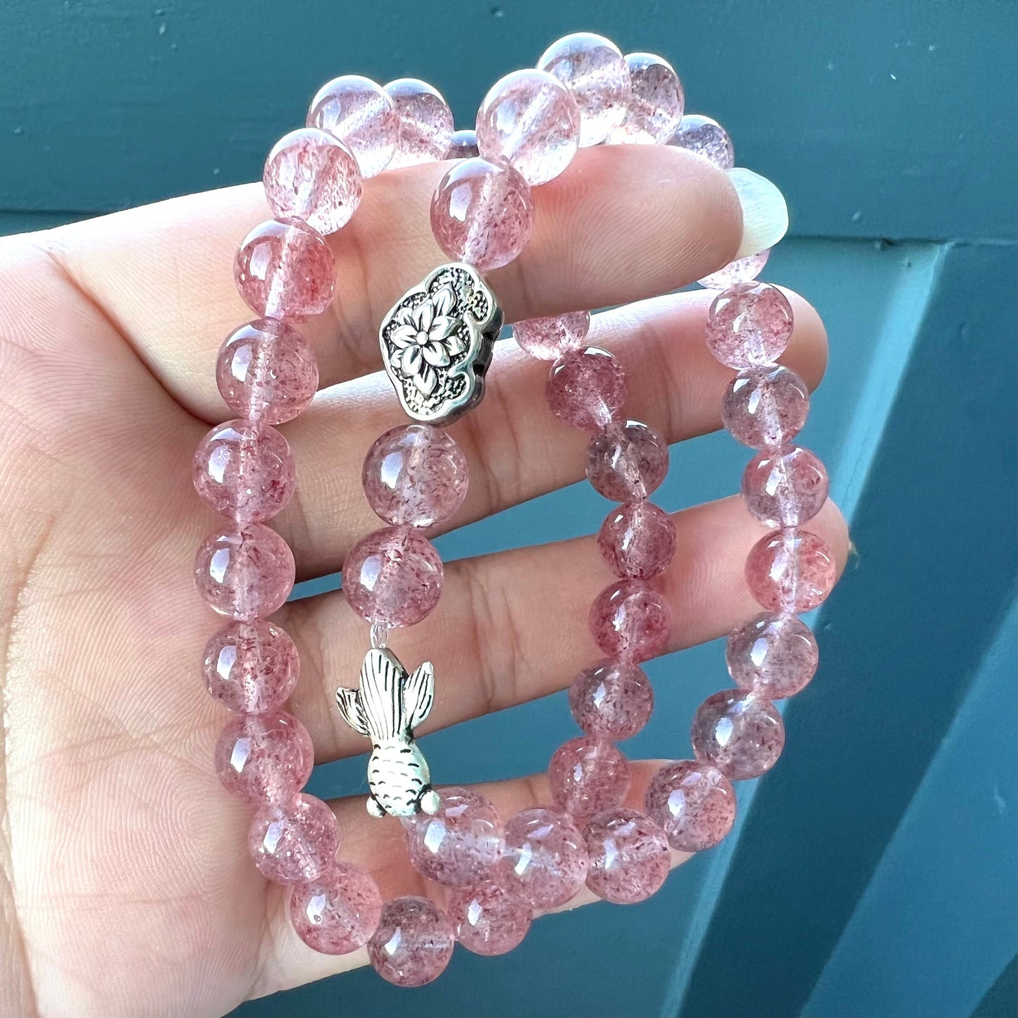 Pink Strawberry Quartz Crystal Bracelet,Goldfish Animal Lotuses Flower Bracelet,Reiki Lucky Bracelet,Birthday Gift for Her, Graduation Gift