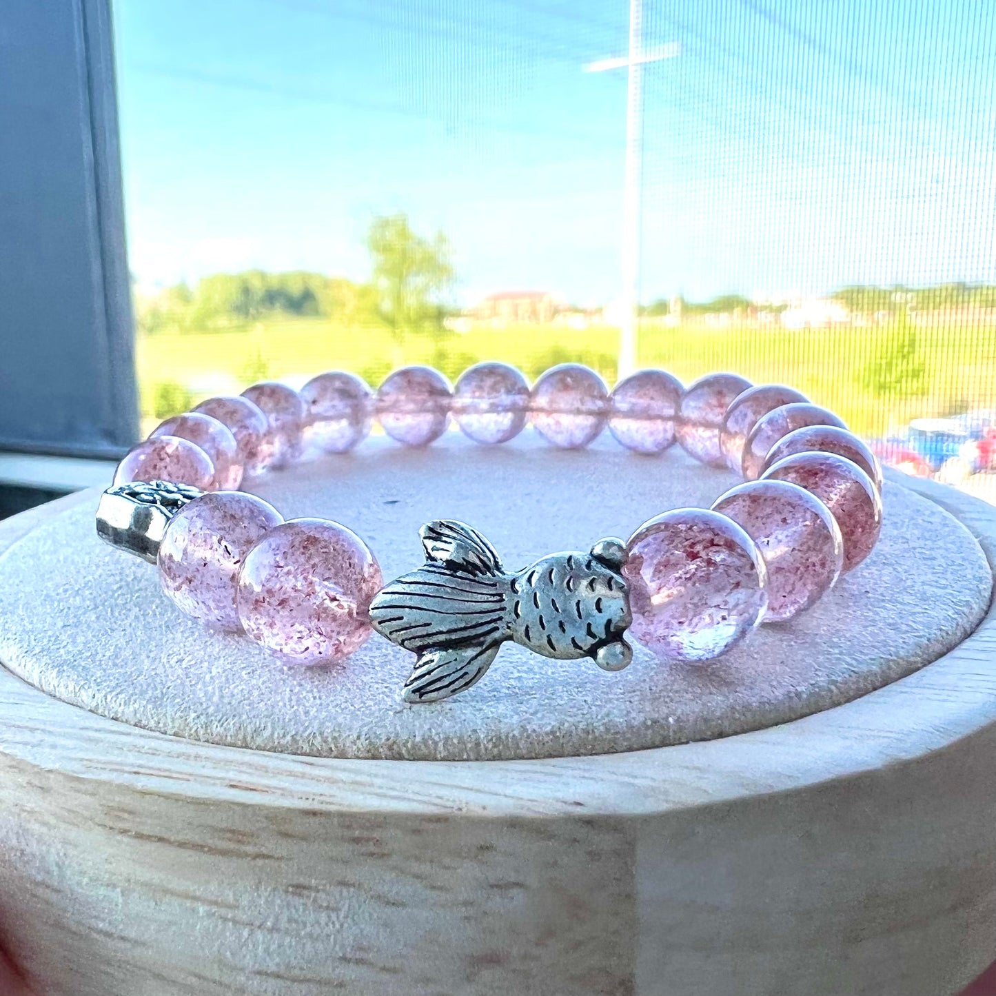 Pink Strawberry Quartz Crystal Bracelet,Goldfish Animal Lotuses Flower Bracelet,Reiki Lucky Bracelet,Birthday Gift for Her, Graduation Gift