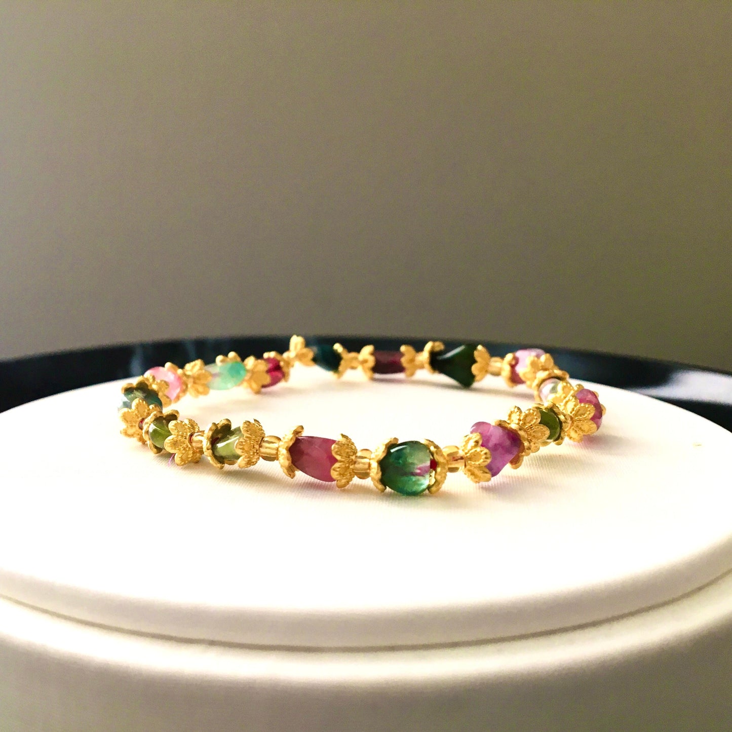 Multicolored Tourmaline Bracelet,Golden,Flower,Watermelon Tourmaline,Handmade,,Natural Gemstones,Crystal,October lucky stone,Birthday Gift