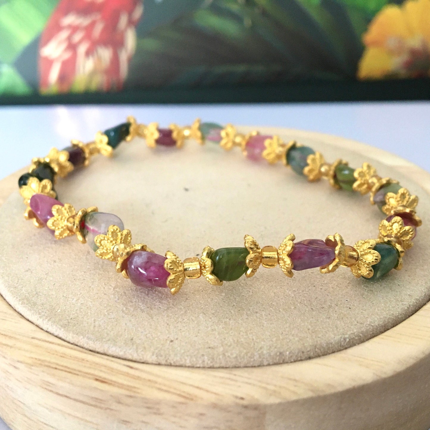 Multicolored Tourmaline Bracelet,Golden,Flower,Watermelon Tourmaline,Handmade,,Natural Gemstones,Crystal,October lucky stone,Birthday Gift