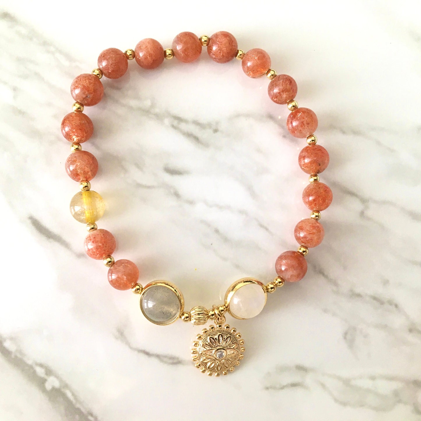 Natural Orange Golden Sunstone Grey Blue Moonstone Citrine Bracelet Original Designed Sun Evil Eye Reiki High-Quality Crystal  Gift for Her