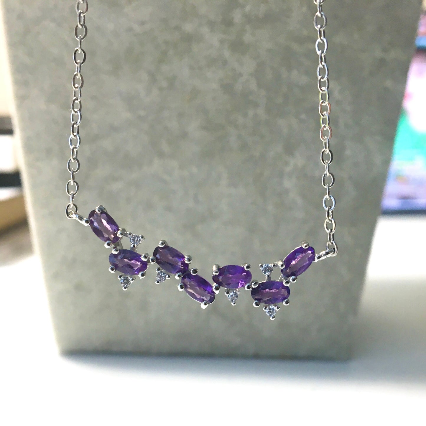 Purple Amethyst Clavicle Necklace,Garnet Crystal Necklace,Silver plated chain,Lavender Bridesmaid Gift,Anniversary,For Her,Crystal Charm