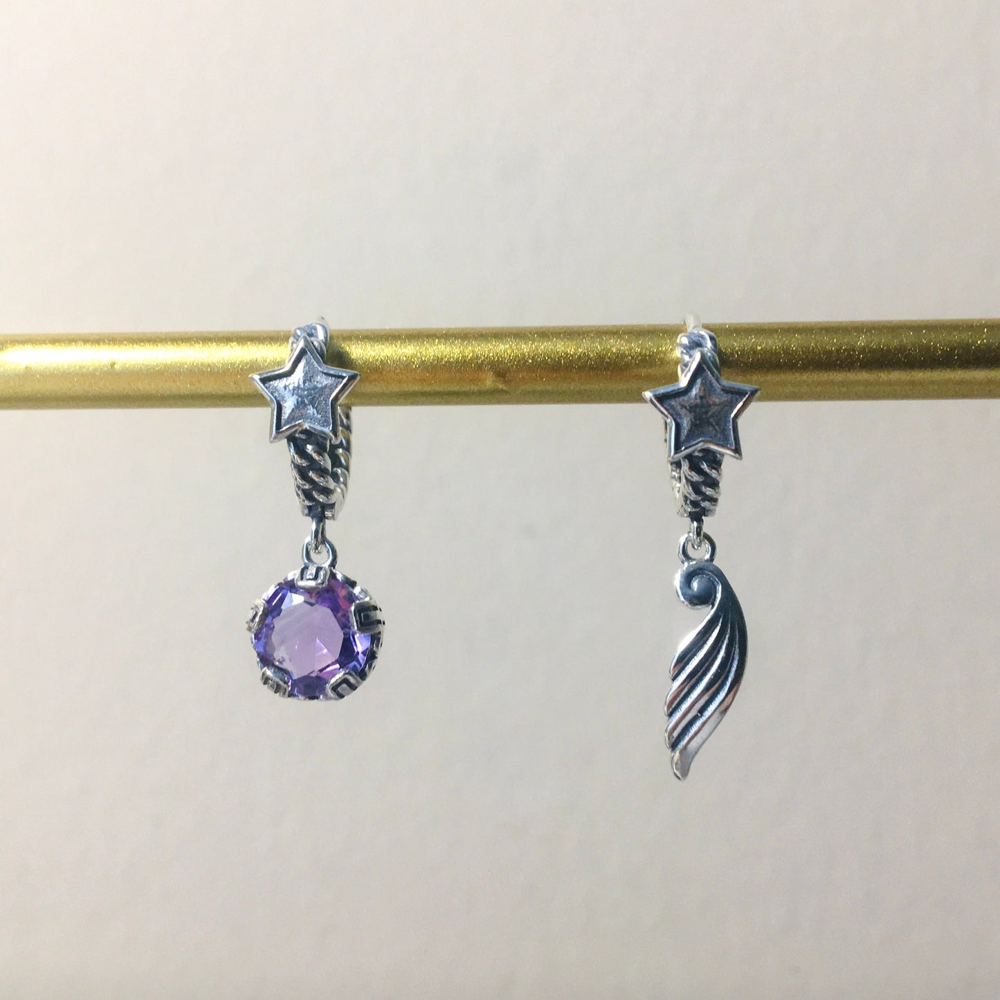 Amethyst Star Earrings, Sterling silver Asymmetric earrings, Purple Earrings, Angel wings,Retro style Earrings,Gift For Her, Valentine's Day