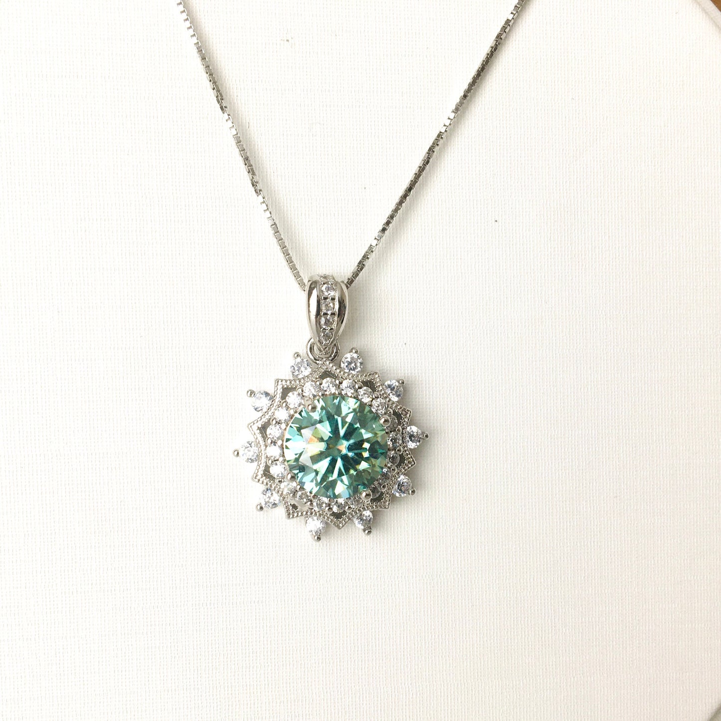 Sun Flower Green Blue Moissanite Necklace,3ct,Sterling Silver Chain,platinum,Anniversary,Wedding Necklace, for Her,Handmade, Valentine's Day