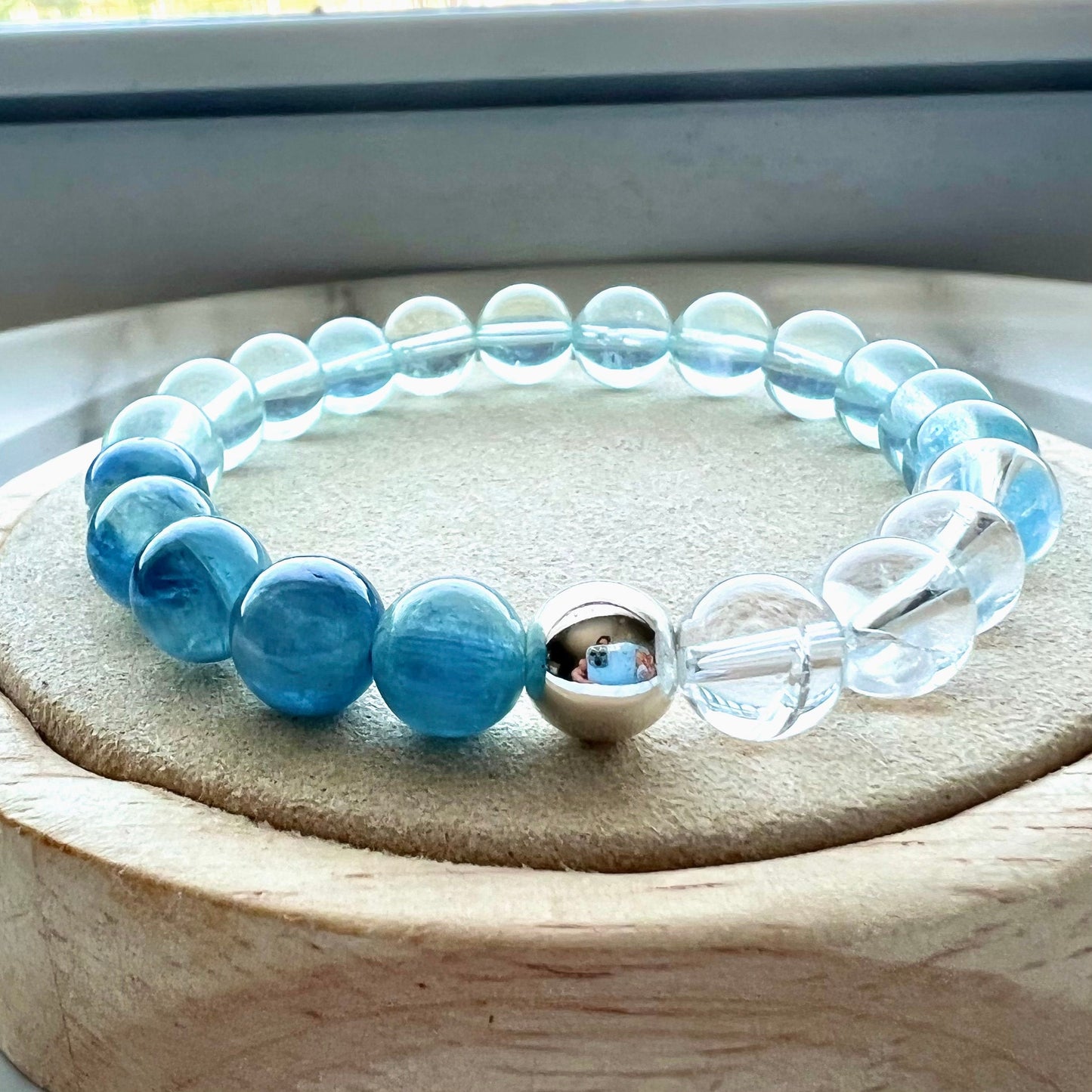 Natural Kyanite, Aquamarine, White Crystal with Fire ,Handmade Original Design Baby Blue Bracelet, Graduation Gift, Birthday Gift for Her