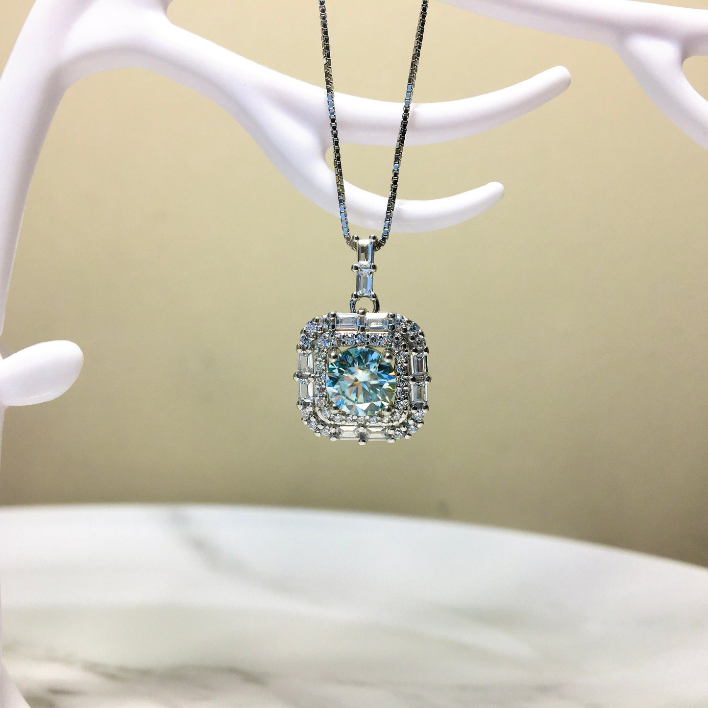 Blue Green Moissanite Necklace,Light Blue Moissanite Luxurious Aquamarine,Classic Square Pendant,Anniversary Necklace,for Mom,Mother's Day