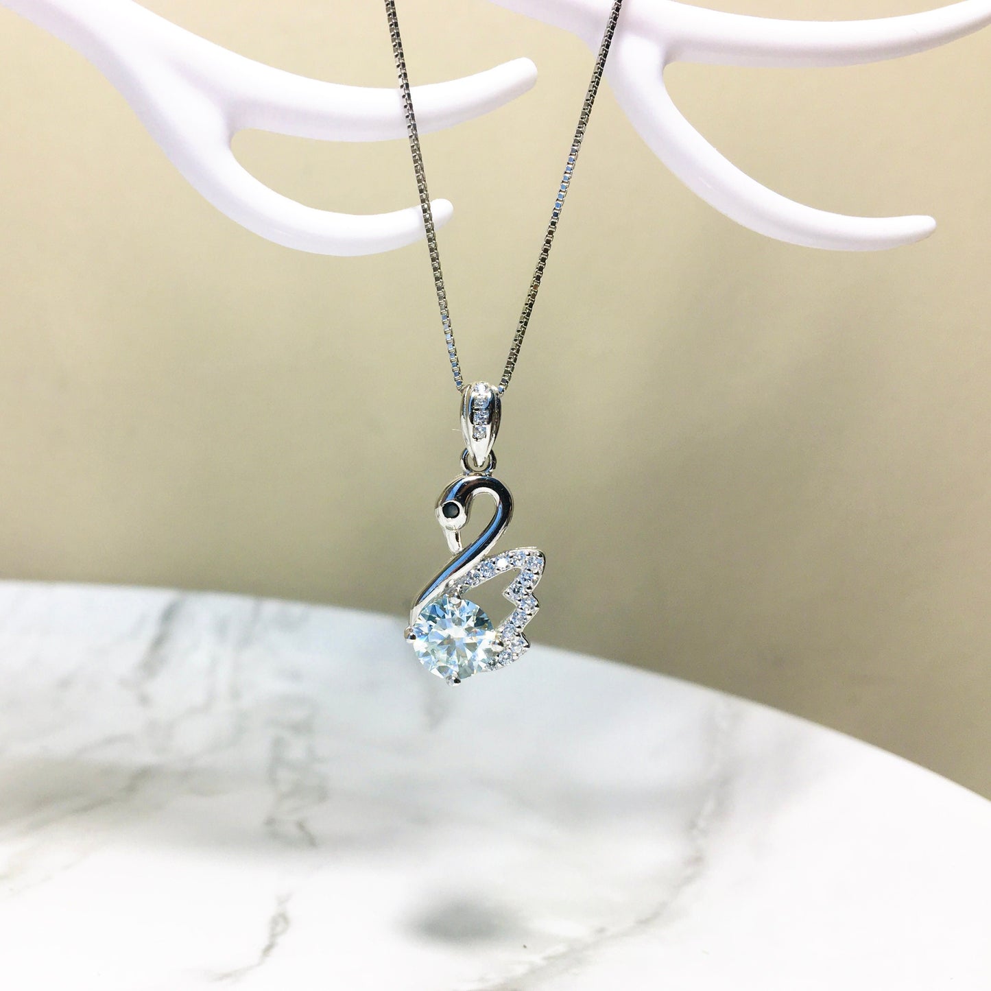 Swan Light Blue Moissanite Pendant Necklace,Swan Sterling Silver Necklace,White Gold Plated Necklace,Anniversary Wedding,Mother's Day Gift