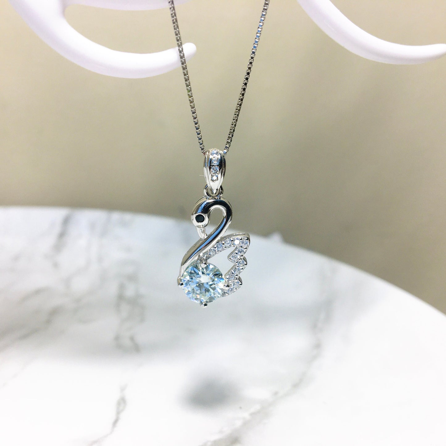 Swan Light Blue Moissanite Pendant Necklace,Swan Sterling Silver Necklace,White Gold Plated Necklace,Anniversary Wedding,Mother's Day Gift