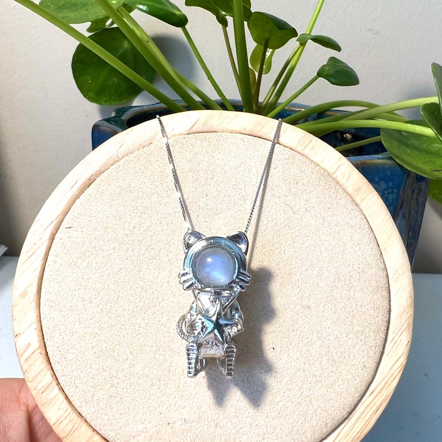 Blue Moonstone, Natural Crystal Gemstone Necklace,Gift for Her,Birthday,Silver Plated Copper,Space Cat Charm,Animal Theme Charm,Anniversary