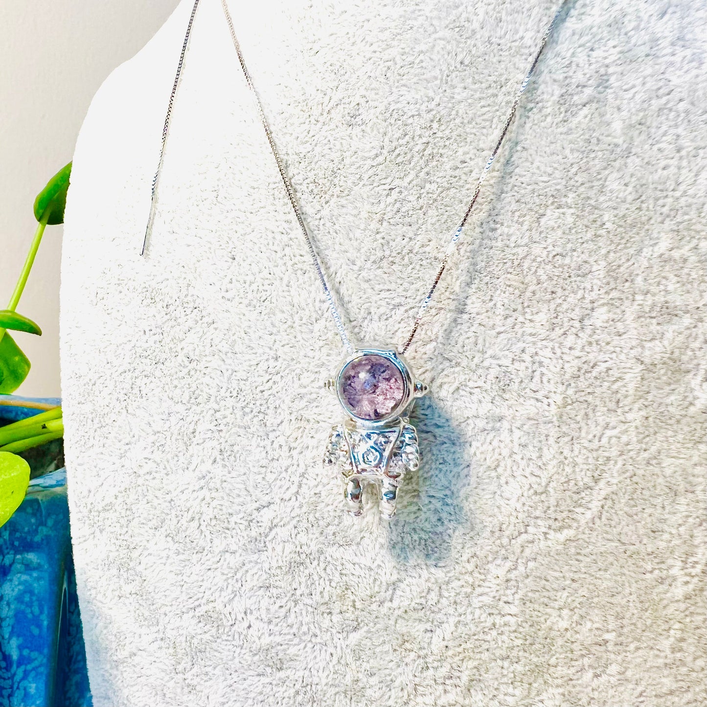 Spacemen Ghost Quartz,Natural Crystal Gemstone Necklace,Gift for Kid,Birthday,Get Rich,Party,Silver Plated,Astronaut Charm,Valentines gift