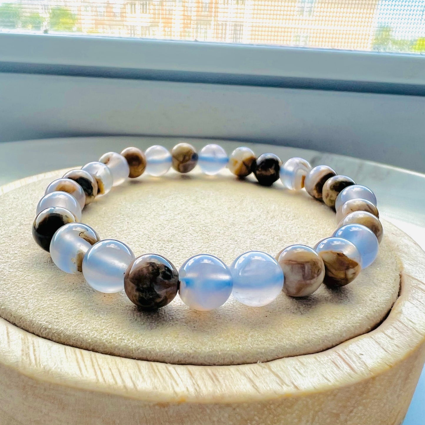 Argentina Blue Chalcedony Bracelet,Natural Gemstone Crystal Agate Bracelet,Raw ore belt leather,Gift for Her, Handmade Jewelry, Lucky Stone